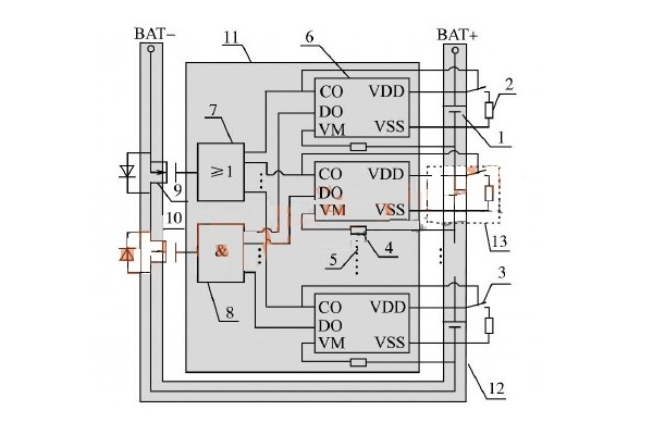 具有均衡充電能力的鋰電池組保護板示意圖